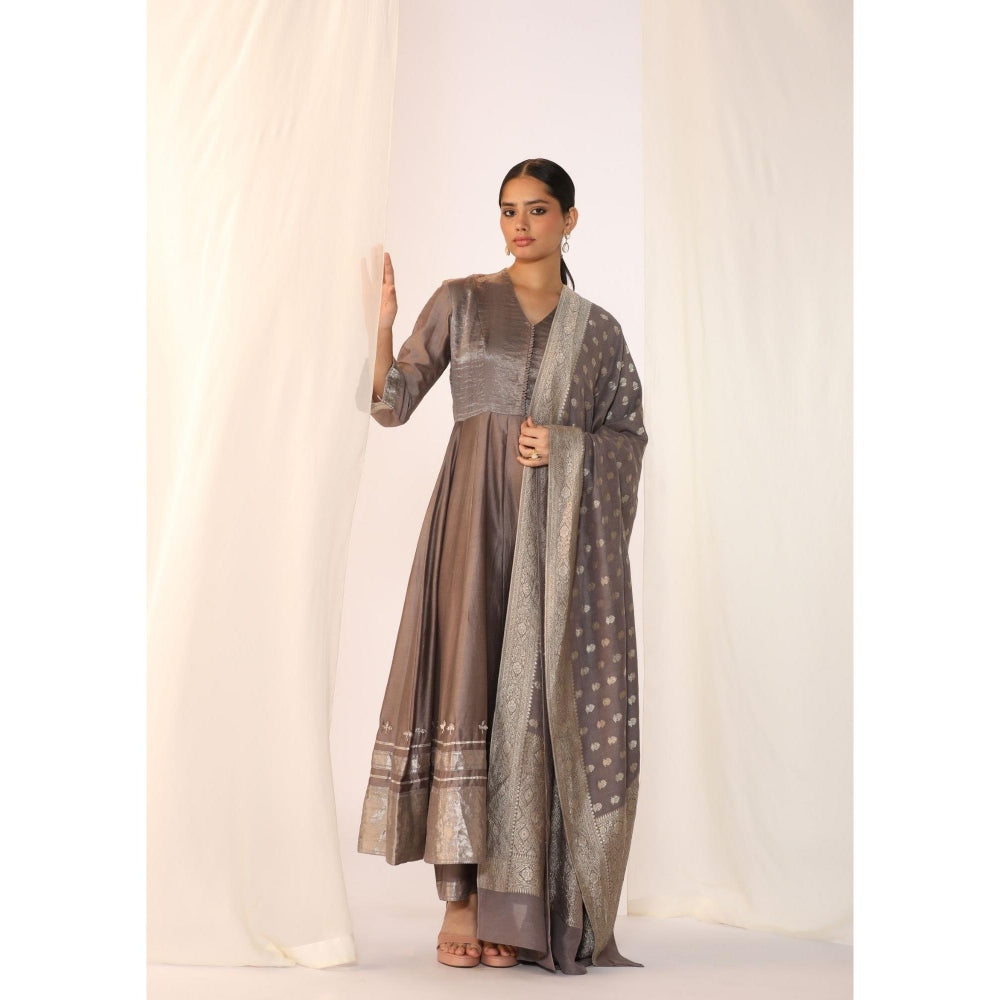 Myoho Hand Work Embroidery Silk Woven Border Anarkali with Pant & Dupatta (Set of 3)