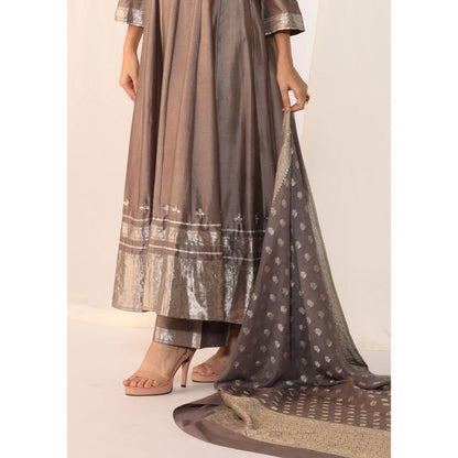 Myoho Hand Work Embroidery Silk Woven Border Anarkali with Pant & Dupatta (Set of 3)