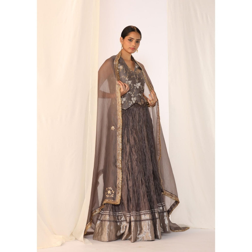 Myoho Brocade Waistcoat Paired with Crushed Skirt & Dupatta (Set of 3)