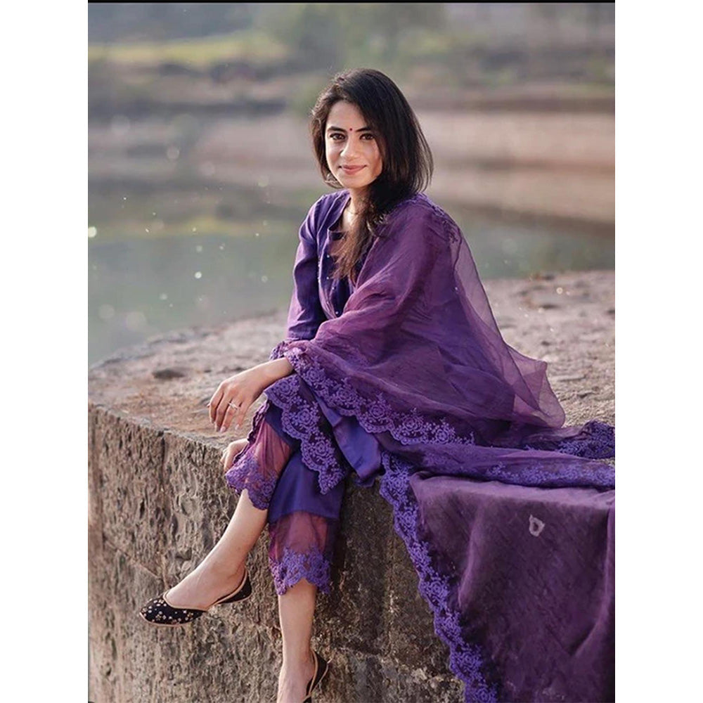 NAAZ BY NOOR Classic Purple Ensemble Kurta With Pant & Dupatta (Set of 3)