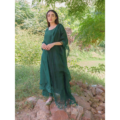 NAAZ BY NOOR Classic Green Ensemble Kurta With Pant And Dupatta (Set of 3)