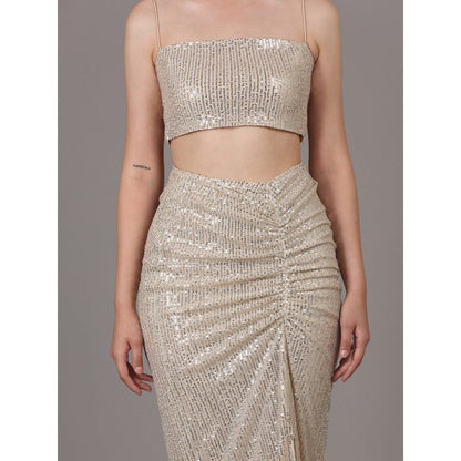 NAMAH BY PARUL MONGIA Gold Sequin Skirt & Crop Top with Cape (Set of 3)