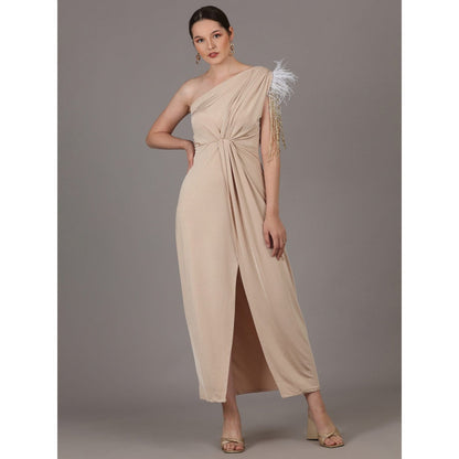 NAMAH BY PARUL MONGIA Sand Beige Lycra One Shoulder Maxi Dress