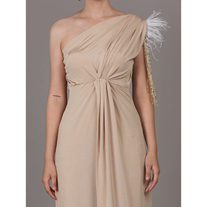 NAMAH BY PARUL MONGIA Sand Beige Lycra One Shoulder Maxi Dress
