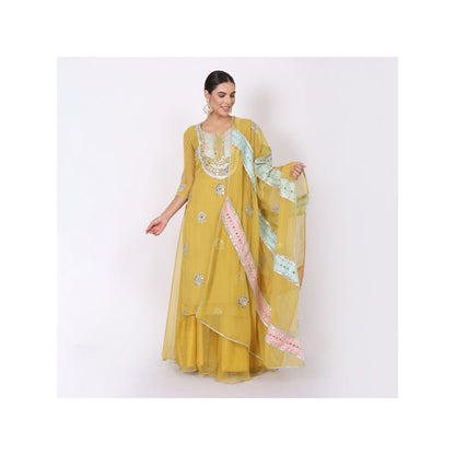NAMAH BY PARUL MONGIA Yellow Mirror Work Kurta with Sharara and Dupatta (Set of 3)