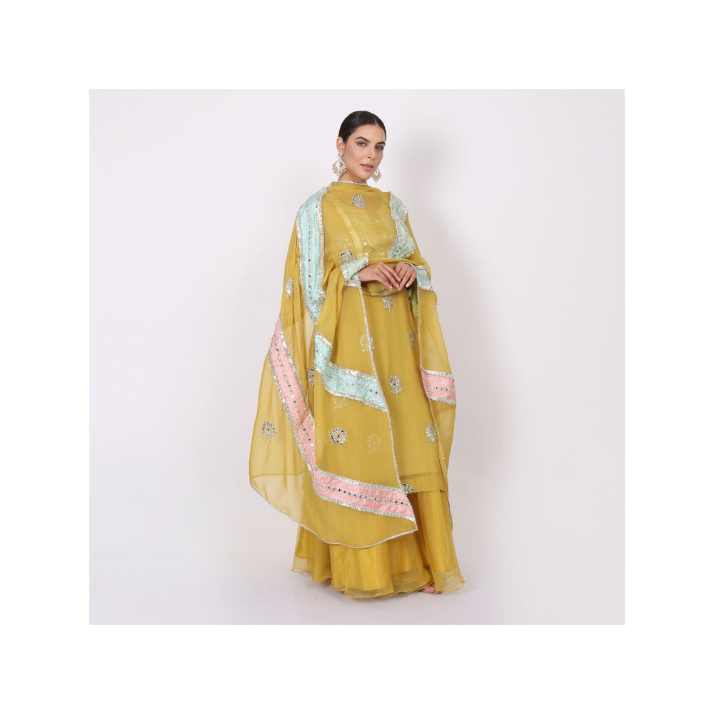 NAMAH BY PARUL MONGIA Yellow Mirror Work Kurta with Sharara and Dupatta (Set of 3)