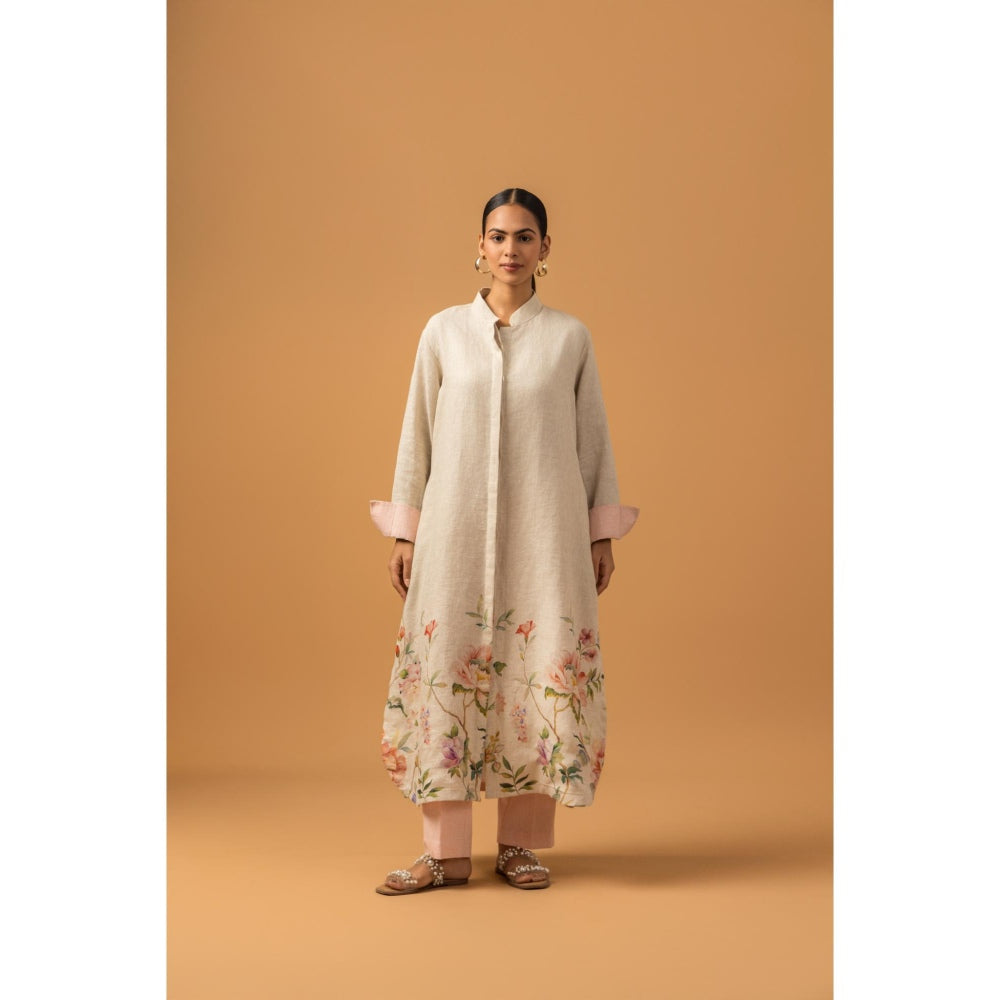 Naseebo Pearl Floral Trail Linen Premium Kurta with Pant - Beige