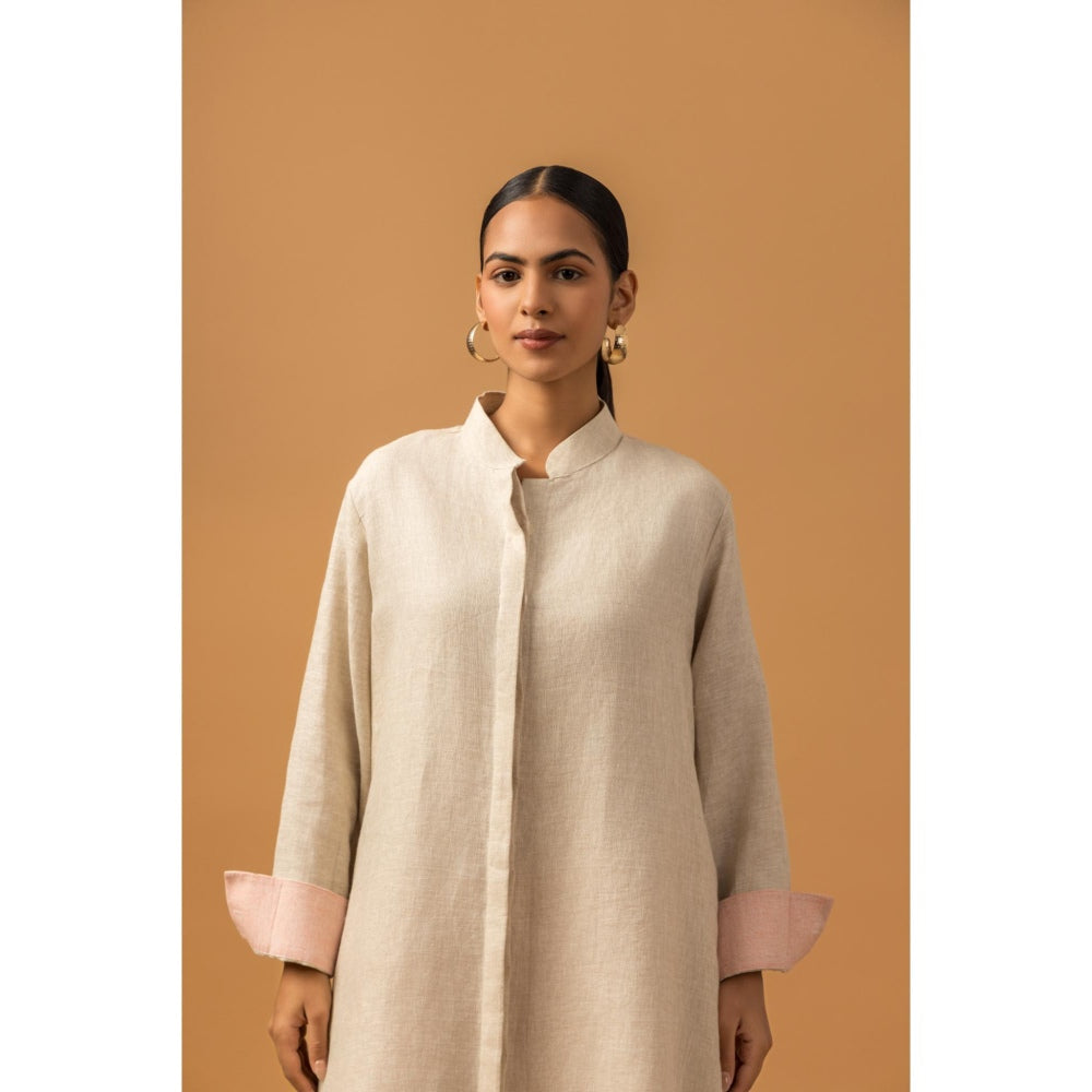 Naseebo Pearl Floral Trail Linen Premium Kurta with Pant - Beige