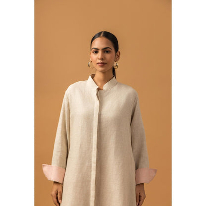 Naseebo Pearl Floral Trail Linen Premium Kurta with Pant - Beige
