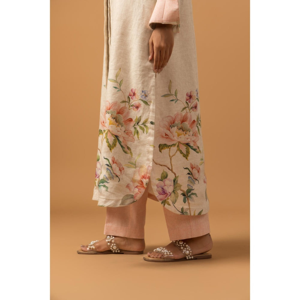 Naseebo Pearl Floral Trail Linen Premium Kurta with Pant - Beige