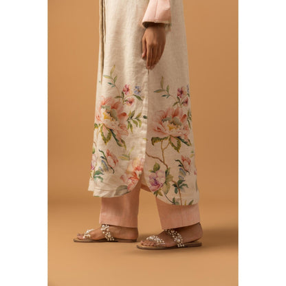 Naseebo Pearl Floral Trail Linen Premium Kurta with Pant - Beige