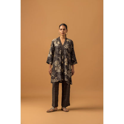Naseebo Noir Floral Linen Premium Kurta with Pant - Black