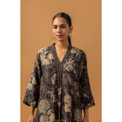 Naseebo Noir Floral Linen Premium Kurta with Pant - Black