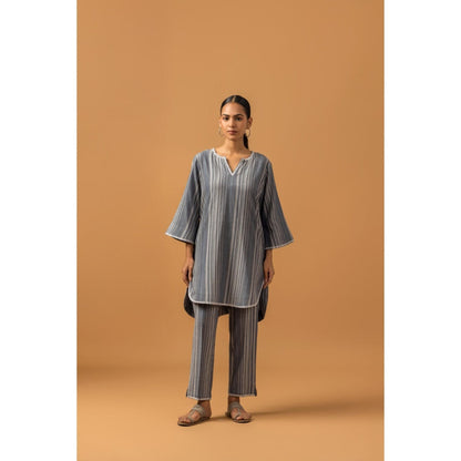 Naseebo Graphite Stripe Linen Premium Kurta with Pant - Grey