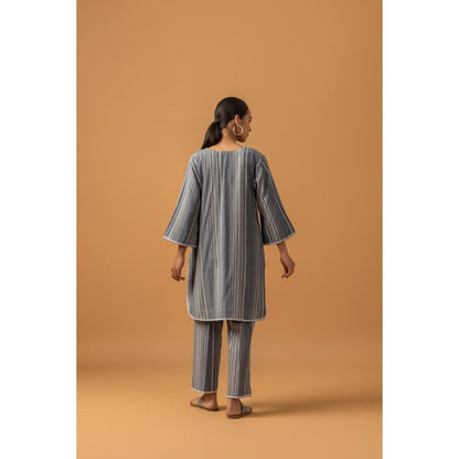 Naseebo Graphite Stripe Linen Premium Kurta with Pant - Grey