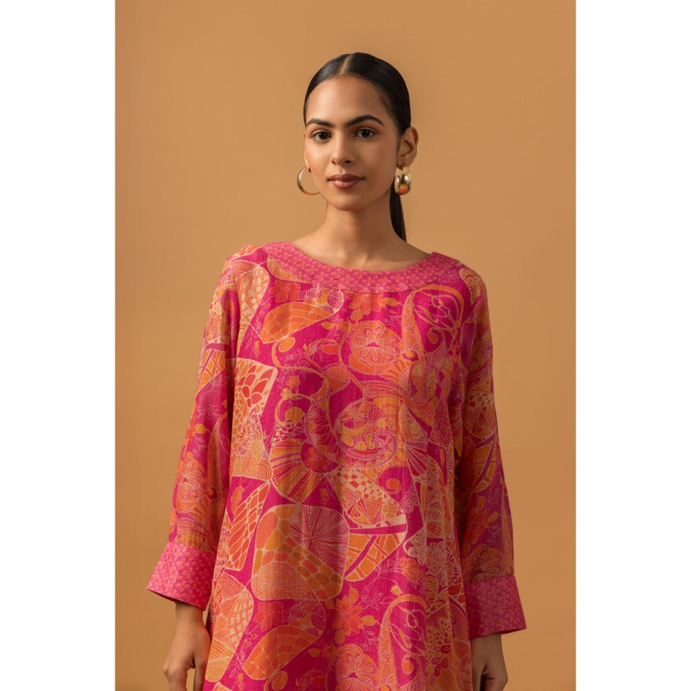 Naseebo Roseate Motif Linen Premium Kurta with Pant - Pink