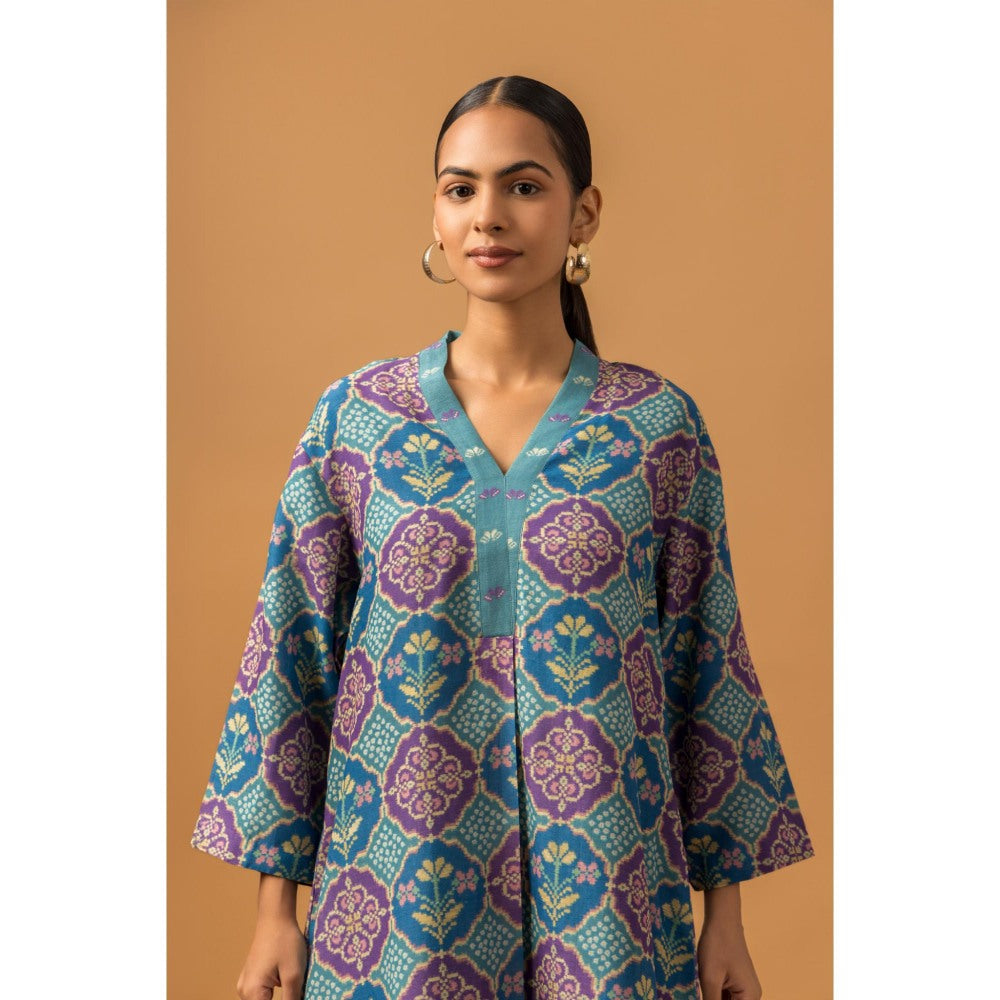 Naseebo Teal Medallion Linen Premium Co-Ord - Blue