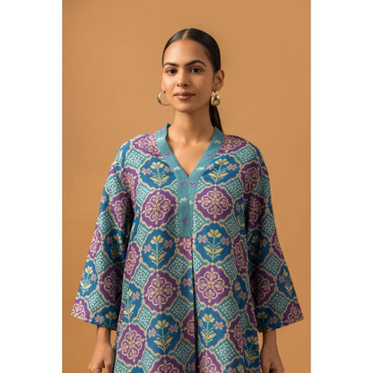 Naseebo Teal Medallion Linen Premium Co-Ord - Blue