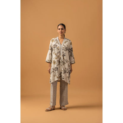 Naseebo Lunar Flora Linen Premium Kurta with Pant - Off White