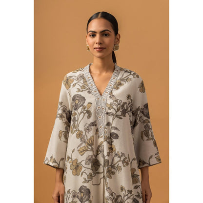 Naseebo Lunar Flora Linen Premium Kurta with Pant - Off White