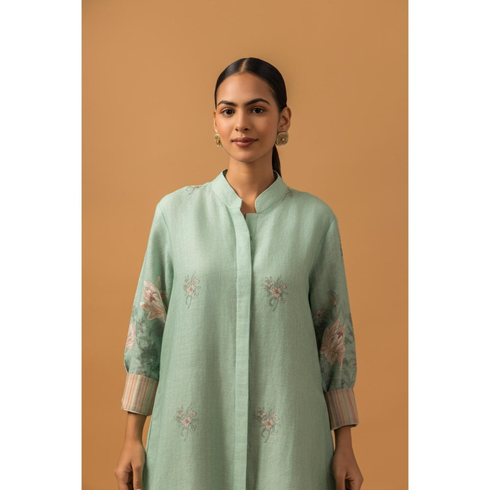 Naseebo Mint Blush Linen Premium Kurta with Pant - Blue