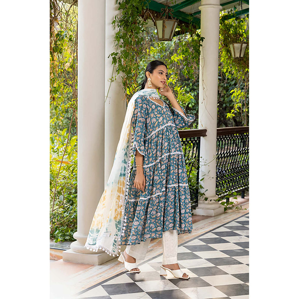 Naseebo Teal Whisper Kurta With Pant And Dupatta