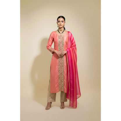 Naseebo Womens Muslin Sequined Peach Kurta with Pant and Dupatta