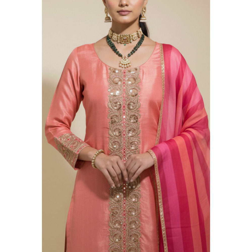 Naseebo Womens Muslin Sequined Peach Kurta with Pant and Dupatta
