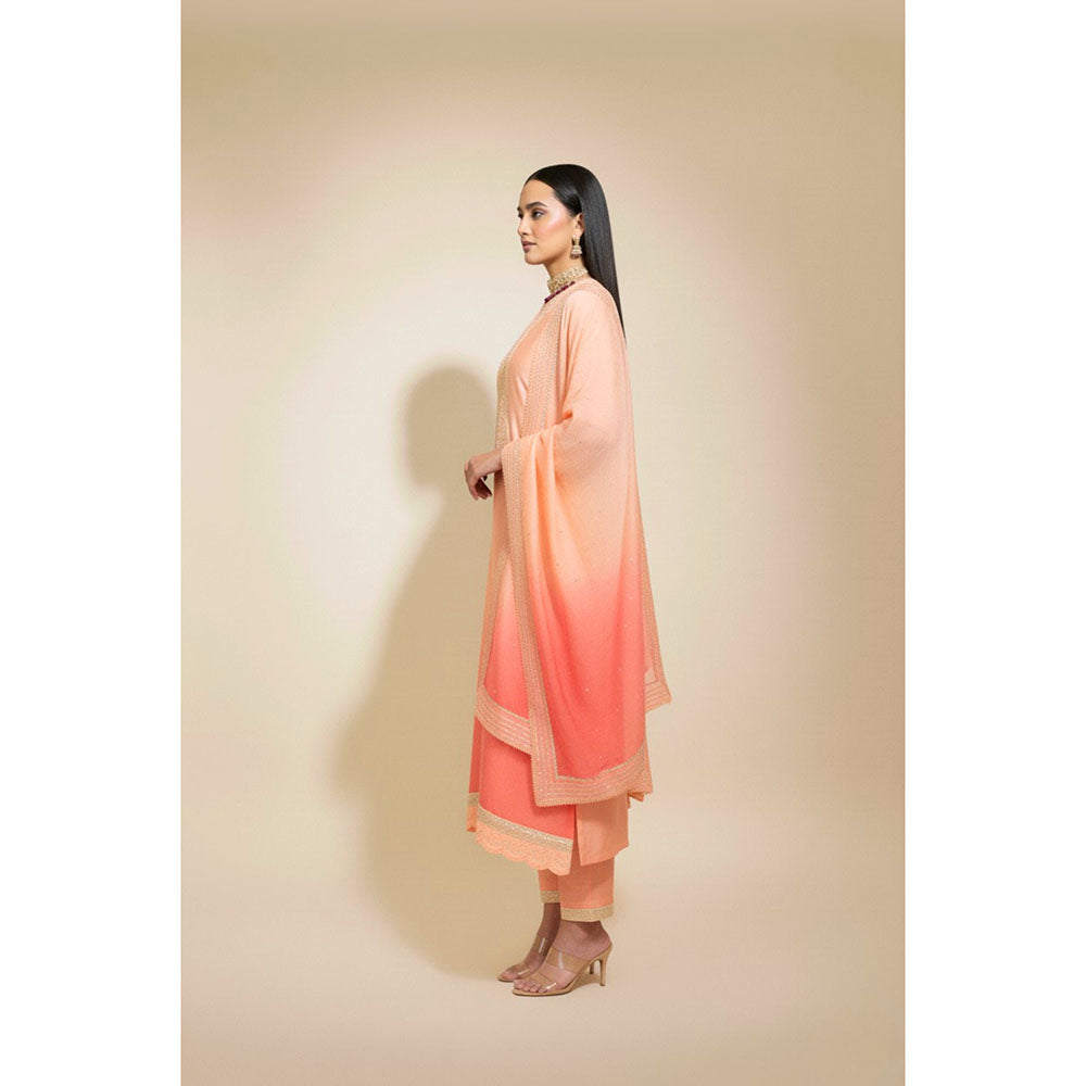 Naseebo Womens Chanderi Embroidered Peach Kurta with Pant and Dupatta