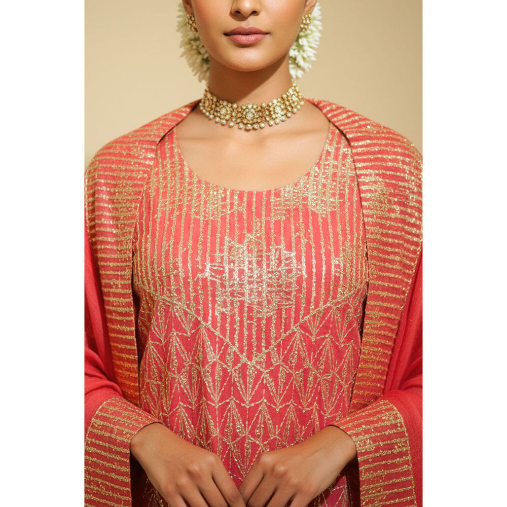 Naseebo Womens Linen Embroidered Pink Kurta with Pant and Dupatta