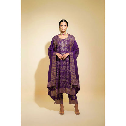 Naseebo Womens Linen Embroidered Purple Kurta with Pant and Dupatta