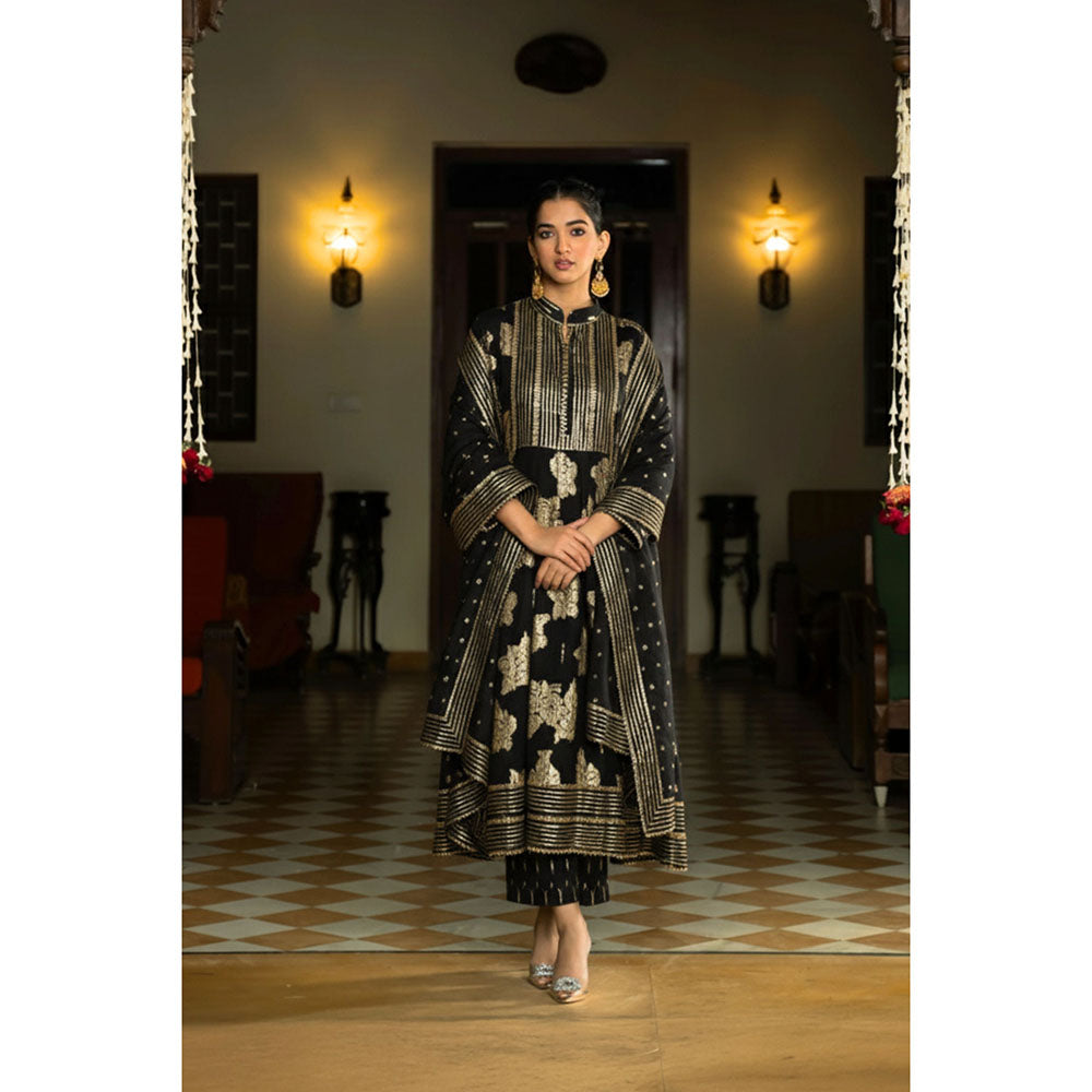 Naseebo Womens Cotton Embroidered Black Anarkali Kurta with Pant and Dupatta
