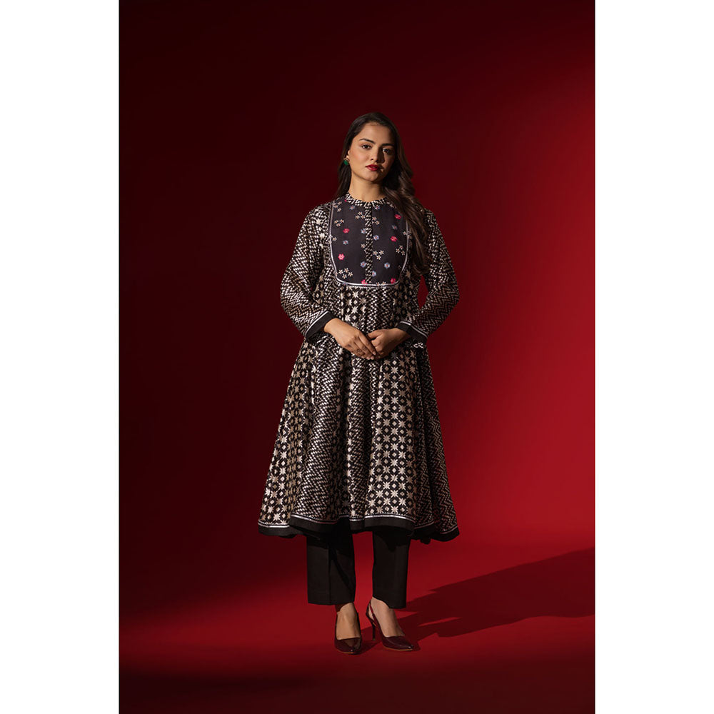 Naseebo Ebony Black Silk Embroidery Anarkali Kurta and Pant