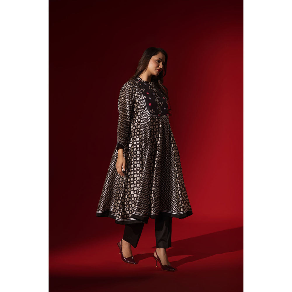 Naseebo Ebony Black Silk Embroidery Anarkali Kurta and Pant