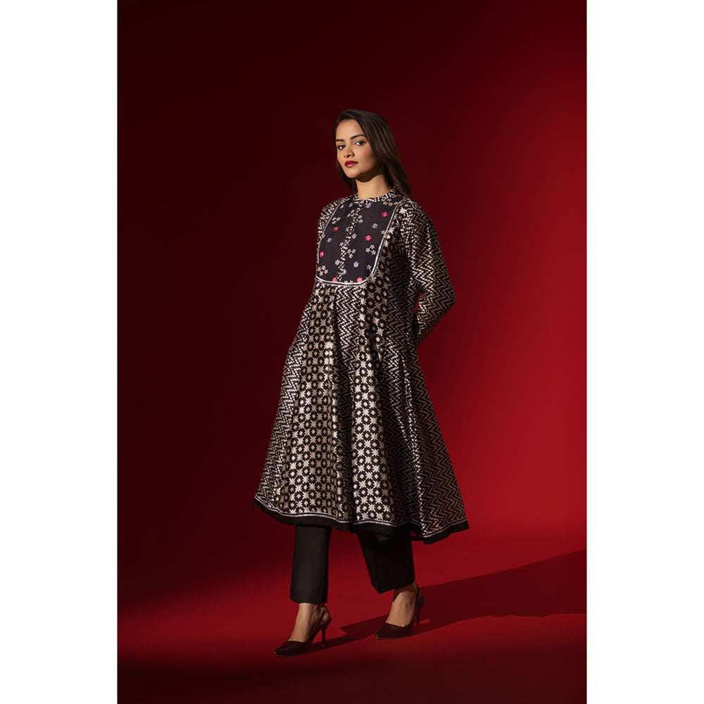Naseebo Ebony Black Silk Embroidery Anarkali Kurta and Pant