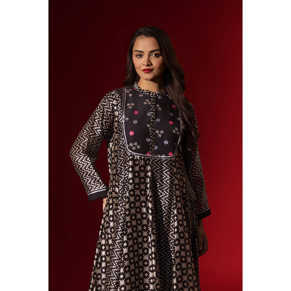 Naseebo Ebony Black Silk Embroidery Anarkali Kurta and Pant