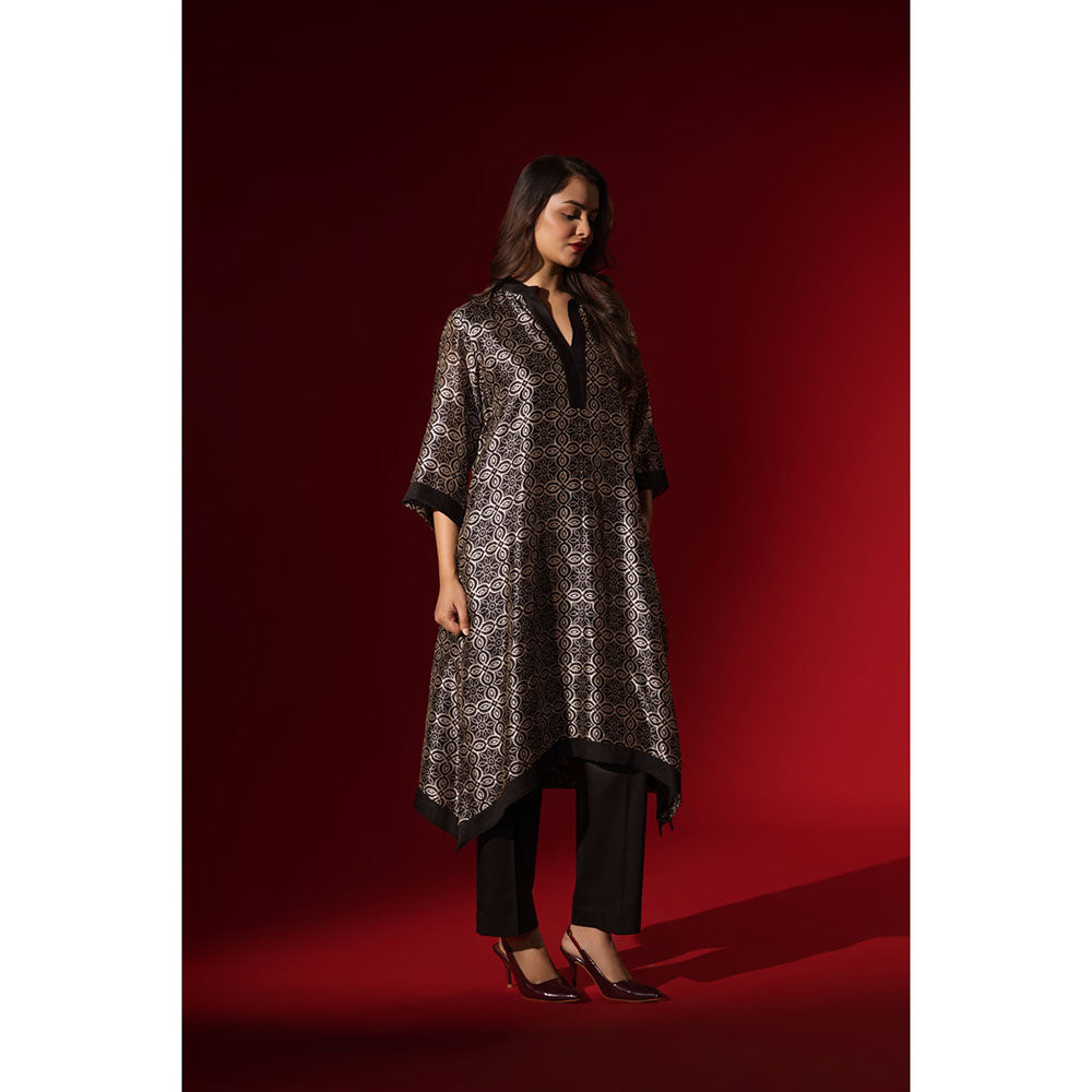 Naseebo Ebony Black Silk Printed Kurta and Pant