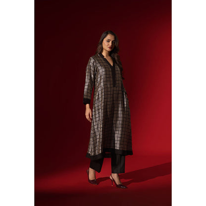 Naseebo Ebony Checked Print Black Silk Kurta and Pant