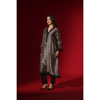 Naseebo Ebony Checked Print Black Silk Kurta and Pant