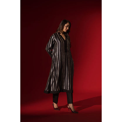 Naseebo Linear Rhythm Ebony Black Silk Kurta and Pant