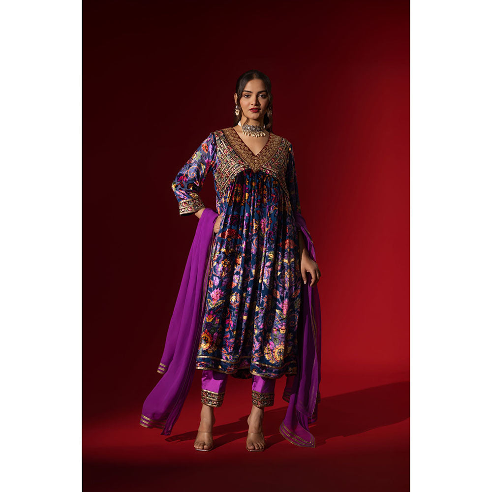 Naseebo Purple Cascade Velvet Anarkali with Pant & Dupatta