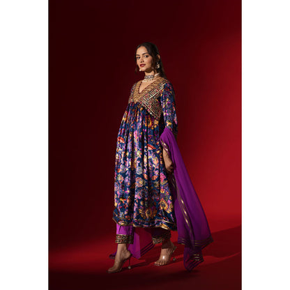Naseebo Purple Cascade Velvet Anarkali with Pant & Dupatta