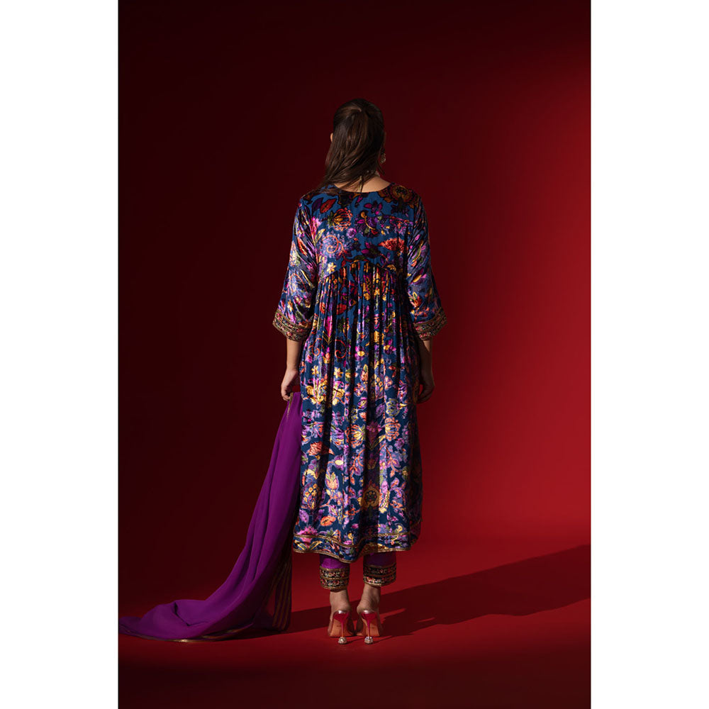 Naseebo Purple Cascade Velvet Anarkali with Pant & Dupatta