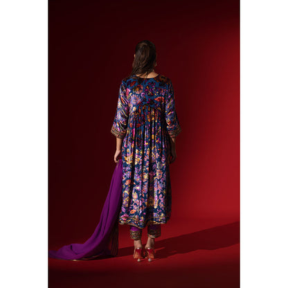 Naseebo Purple Cascade Velvet Anarkali with Pant & Dupatta