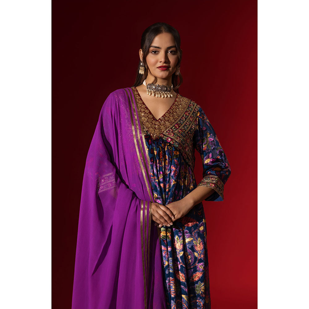 Naseebo Purple Cascade Velvet Anarkali with Pant & Dupatta
