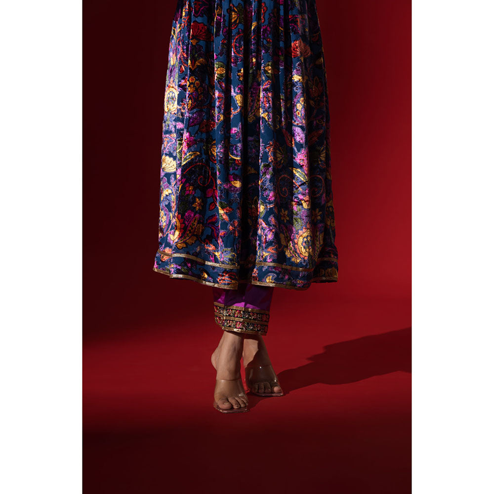 Naseebo Purple Cascade Velvet Anarkali with Pant & Dupatta