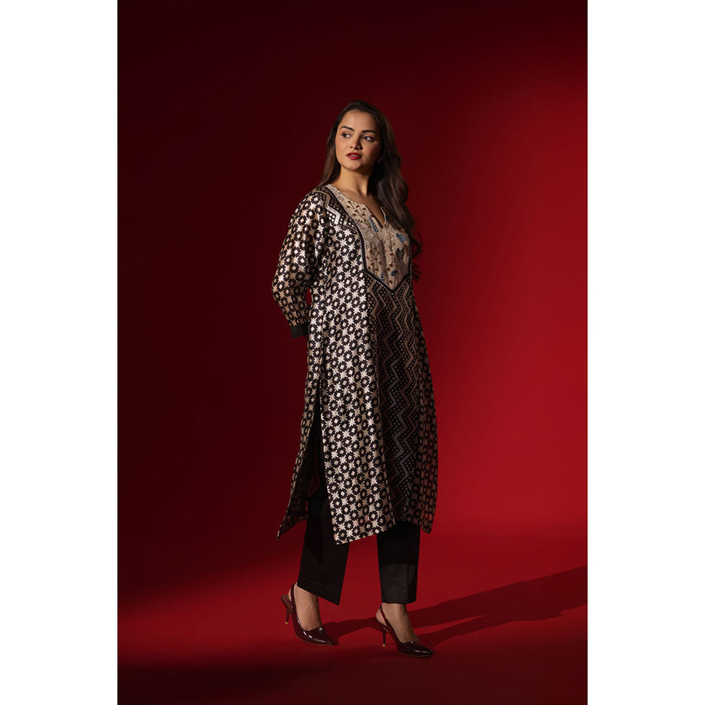Naseebo Ebony Black Silk Embroidery Kurta and Pant