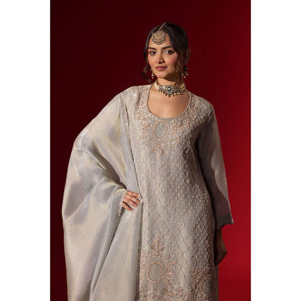 Naseebo Silver Haze Grey Embroidered Kurta with Palazzo & Dupatta