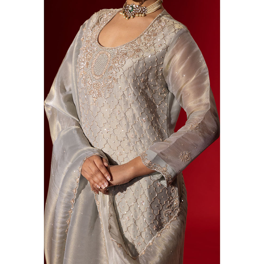 Naseebo Silver Haze Grey Embroidered Kurta with Palazzo & Dupatta