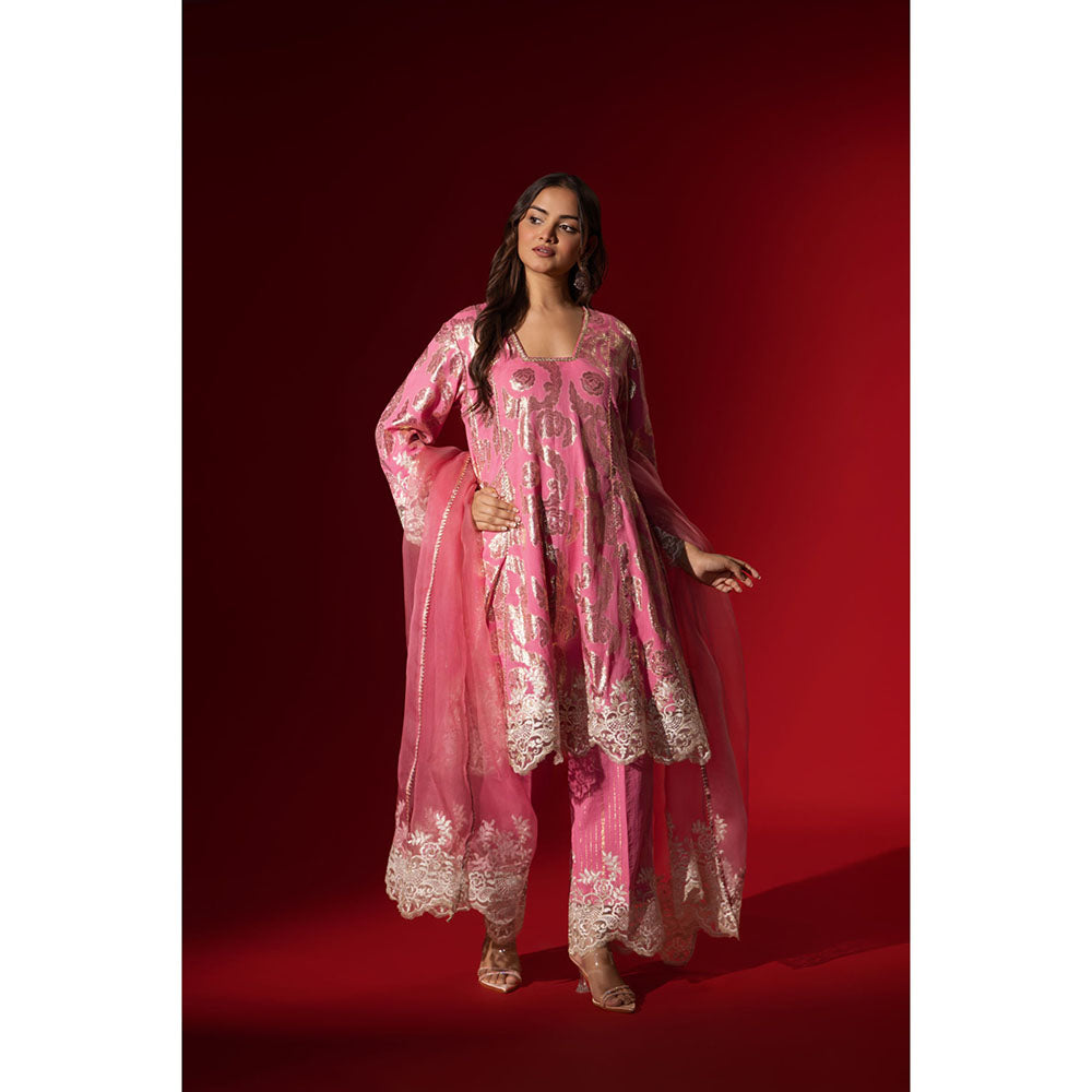 Naseebo Pink Champagne Sequin Brocade Kurta with Pant & Dupatta